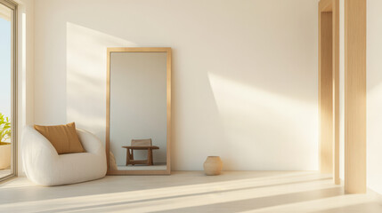 Modern interior design featuring mirror and natural light in a bright minimalist space