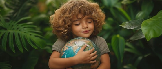 Earth Day idea: a child clutching a globe in their hands and embracing the planet Earth