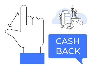 Obraz premium Hand clicking, promise of cash back, groceries thumbs up milk, cheese, fish, wheat floating speech bubble. Ideal for rewards, savings, shopping cashback programs consumer benefits financial