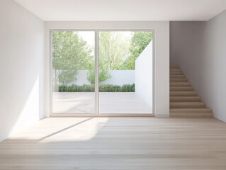 Obraz premium Bright and minimalistic interior with large windows showcasing greenery outside