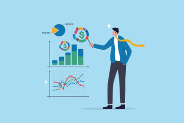 Financial data, investment chart and graph diagram, accounting report, datum growth, marketing analysis, statistics presentation concept, businessman present financial data diagram with dollar sign.