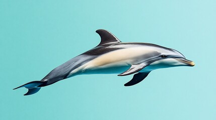 Fototapeta premium Dolphin leaping, turquoise background, ocean life, marine mammal