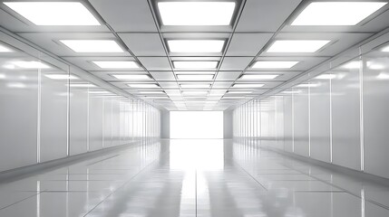 White futuristic empty room with large ceiling lights, flat wall panels, and a glossy reflective floor, creating a bright and minimalistic sci-fi atmosphere suitable for modern and innovative concepts