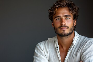 Obraz premium Portrait of a young man with a thoughtful expression in casual attire.
