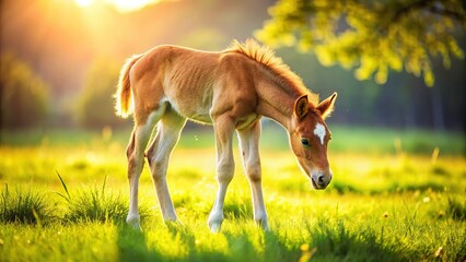 Adorable Fohlen Grazing in Lush Pasture, Sunny Day