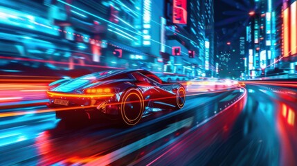 Fototapeta premium A futuristic car speeds through a neon-lit cityscape at night, showcasing vibrant lights and motion.