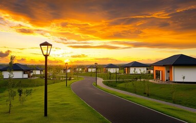 Scenic sunset over a winding path with modern houses and lush greenery.