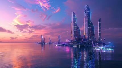 A futuristic cityscape at sunset, featuring sleek skyscrapers and vibrant reflections on water.