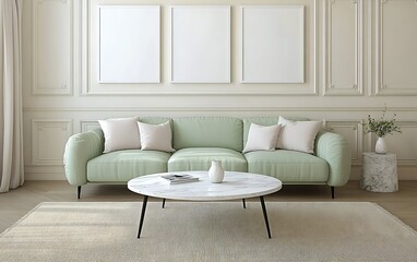 Modern living room interior with blank frames, green sofa, marble table, and rug.