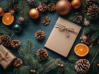 A blank notebook rests on a rustic wooden table surrounded by festive decorations, including evergreen branches, pine cones, and golden ornaments, creating a cozy and inviting holiday scene.