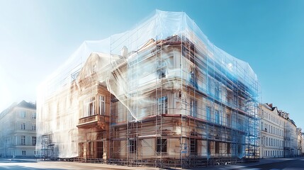 Fototapeta premium Renovated building wrapped in plastic sheeting, surrounded by scaffolding.