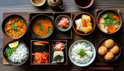 Assorted Japanese Rice Balls Onigiri with Side Dishes and Soup on a Wooden Table