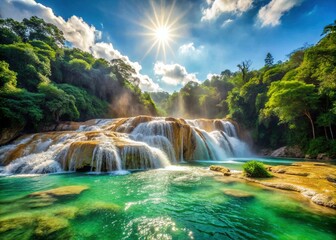 Agua Azul Waterfall Mexico: Vibrant Green Cascades in Sunny Weather - Screensaver Image