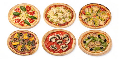 Delicious Set of Six Vegan Pizzas Isolated on a White Background for Culinary Presentation