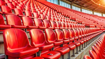 Fototapeta premium Bright Red Stadium Seats, Empty Rows, Copy Space - Stock Photo