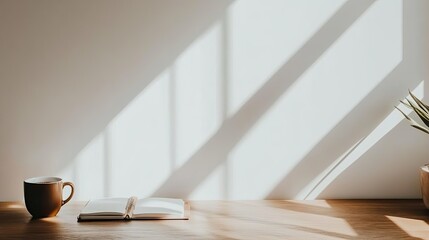 Fototapeta premium Sunlight streams through a window onto a desk with a mug, notebook, and plant.