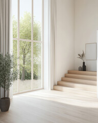 Fototapeta premium Bright indoor space with large windows and wooden staircase in a serene setting