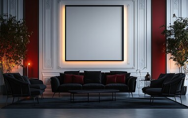 Dark red living room with blank glowing frame, sofa, armchairs, plants.