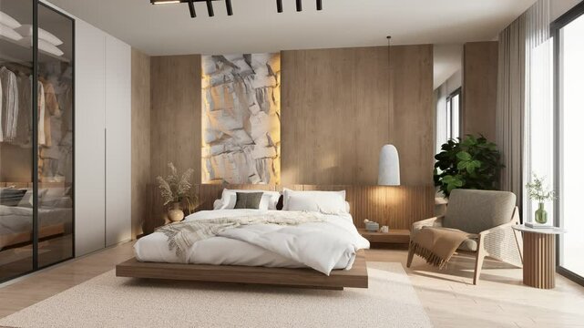 A serene, modern bedroom featuring a wooden bed, natural decor, large windows, and an earthy color palette. 3d rendering 4K animation.