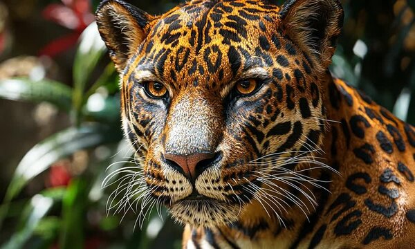 Close-up of a jaguar showcasing its striking fur pattern and intense gaze.