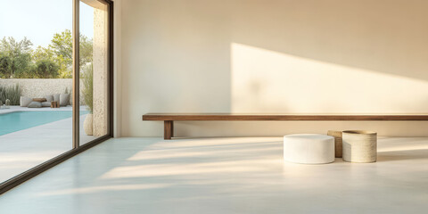 Obraz premium Contemporary indoor space with minimalist decor and natural light by swimming pool