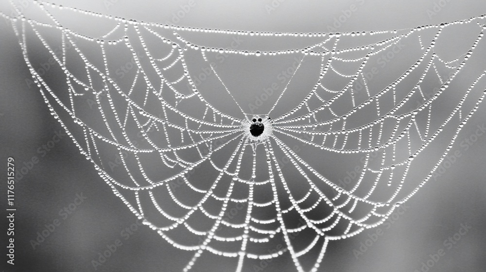 Poster a close-up of a spider web adorned with dewdrops, showcasing intricate patterns and textures.