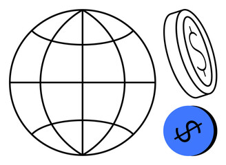 Globe with grid lines alongside a coin and blue circle with dollar sign. Ideal for concepts of global economy, finance, international trade, globalization, investment, monetary policy, business