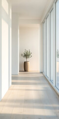 Modern interior corridor featuring a potted plant and large windows for natural light