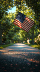 American Flag on Tree Lined Path  Summer  Patriotism