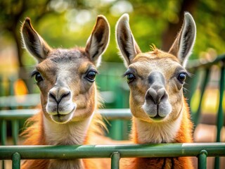 Obraz premium Cute Guanaco Llamas at the Zoo Fence, Begging for Treats