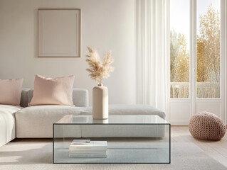 Modern living room with elegant decor featuring a glass coffee table and neutral colors