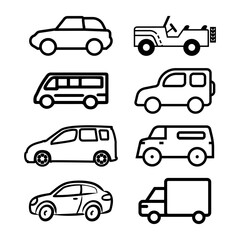Obraz premium Transporttation vehicles automobile traffic of trasport car van truck black siluete side view pictograms icons outline set colletions vector flat design white background