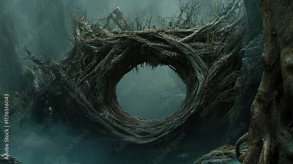 Poster a mystical, circular structure made of twisted branches in a foggy forest.