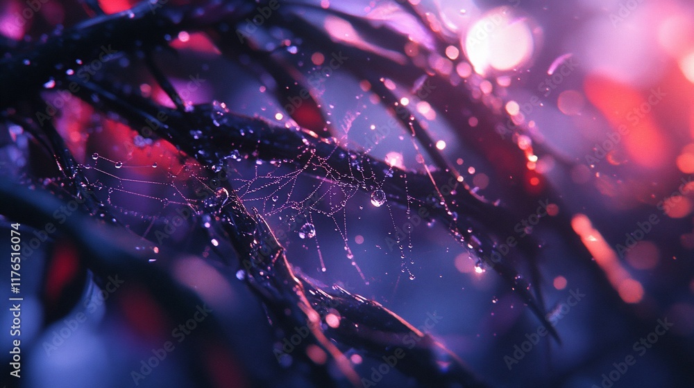 Poster a close-up of a spiderweb adorned with droplets, surrounded by vibrant foliage in soft light.