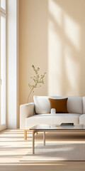 Modern living room with natural light and minimalist decor in a warm color palette