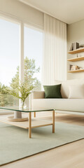 Obraz premium Modern living room with natural light and minimalist decor in a serene setting