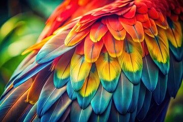 Obraz premium Vintage Macaw Feathers: Bright Tropical Bird Wing Closeup, Colorful Parrot Feather Pattern, Natural Background Photography