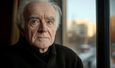 Elderly man portrait, window, city view, pensive expression,  stock photo