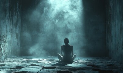 Obraz premium Silhouette meditates, ruined room, ethereal light.