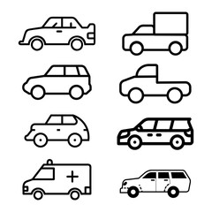 Transporttation vehicles automobile traffic of trasport car van truck black siluete side view pictograms icons outline set colletions vector flat design white background