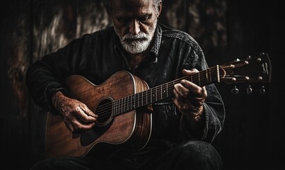 Obraz premium Elderly man playing acoustic guitar, dark background, music, emotion
