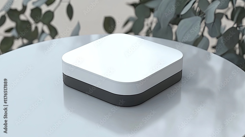 Poster square device mockup on a table with foliage background.
