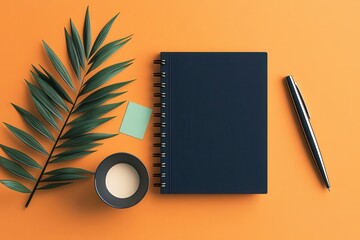 A creative flat lay of goal-setting tools a journal, sticky notes, motivational stickers, and a sleek pen