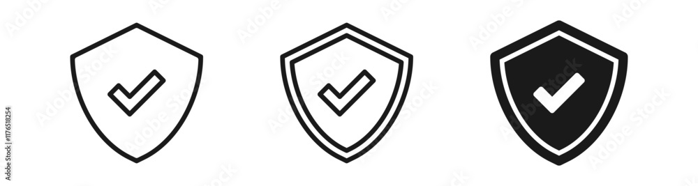 Poster shield check mark icon or security shield protection icon with tick symbol