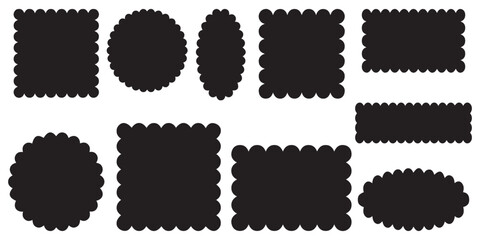Set of scalloped frames vector collection. Circle, square, oval and rectangle forms with frill lace edges. Scallop labels, Clipart image vector illustration isolated on white background.