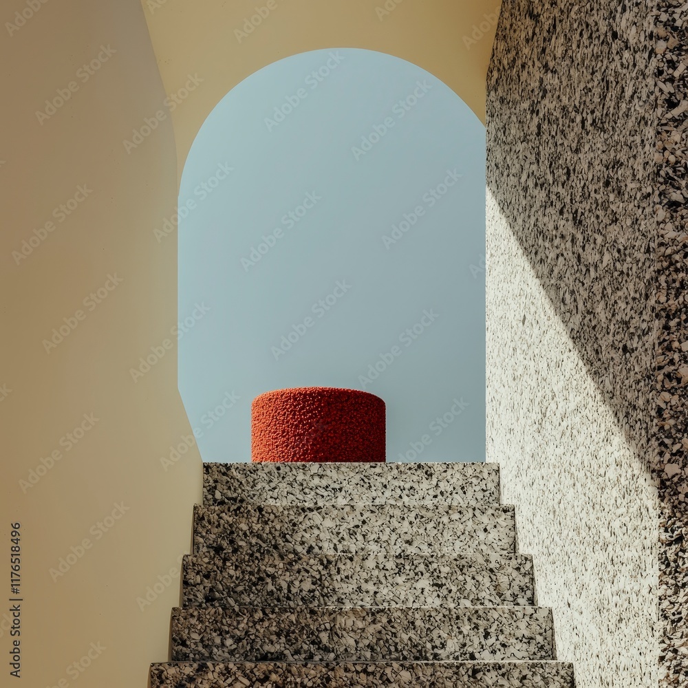 Aufkleber modern architecture terrazzo steps red cylinder minimalist design abstract background