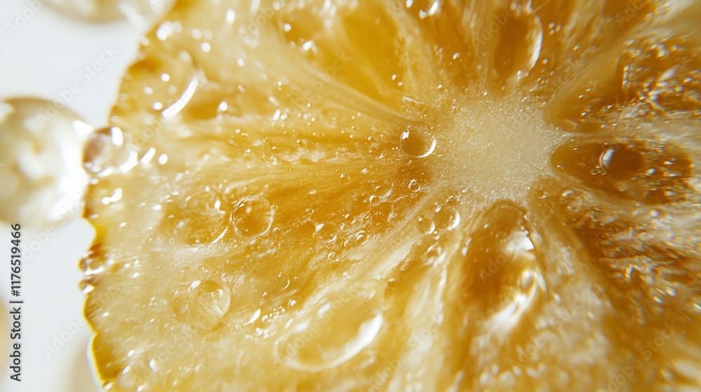 Poster close-up of a lemon slice with droplets, showcasing texture and freshness.