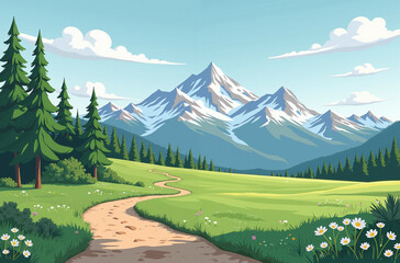Scenic Cartoon Landscape with Pathway, Snowy Mountains, and Forest in Spring