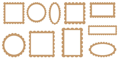 Set of scalloped frames vector collection. Circle, square, oval and rectangle forms with frill lace edges. Scallop labels, Clipart image vector illustration isolated on white background.