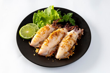 Seafood Fried Squid with Garlic and Pepper on white background